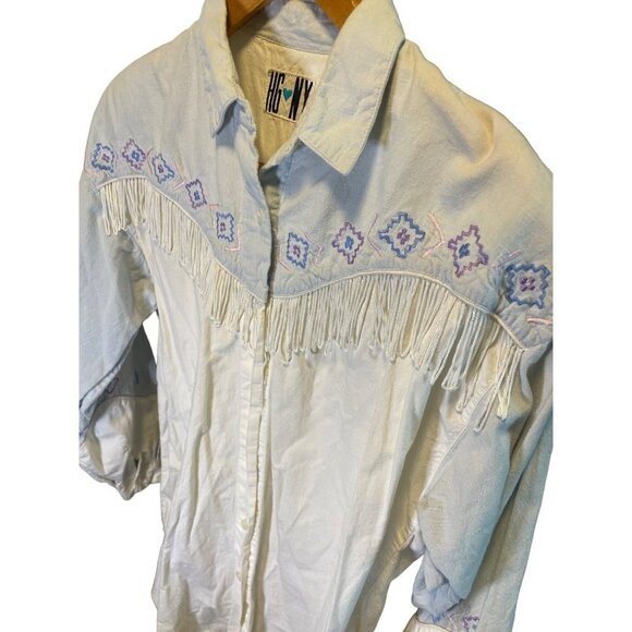 Vintage 80s 90 HGNY Western Fringe Southwest Detail Long Sleeve Button Down Top - Picture 3 of 10